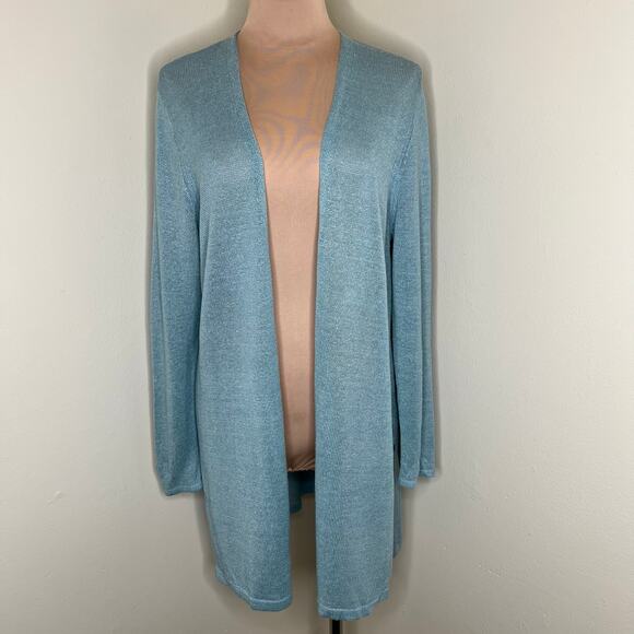 J. Jill Linen Blend Cardigan Large Petite Women Blue Knit Open Front Long Sleeve - Picture 1 of 8